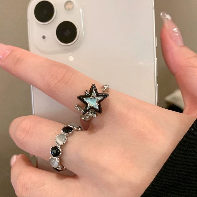 撞色幸運星貓眼石開口戒指女ins百搭個性情侶食指戒時尚氣質指環