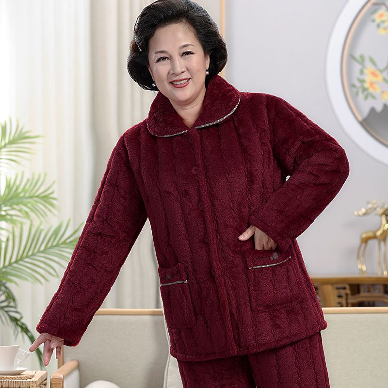中青年睡衣女士三層加厚加絨珊瑚絨夾棉襖保暖家居服套裝秋冬季款