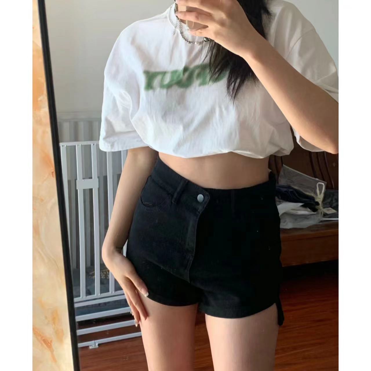 黑色美式不規則牛仔短褲女水洗彈力百搭顯腿長辣妹純色潮流歐美風