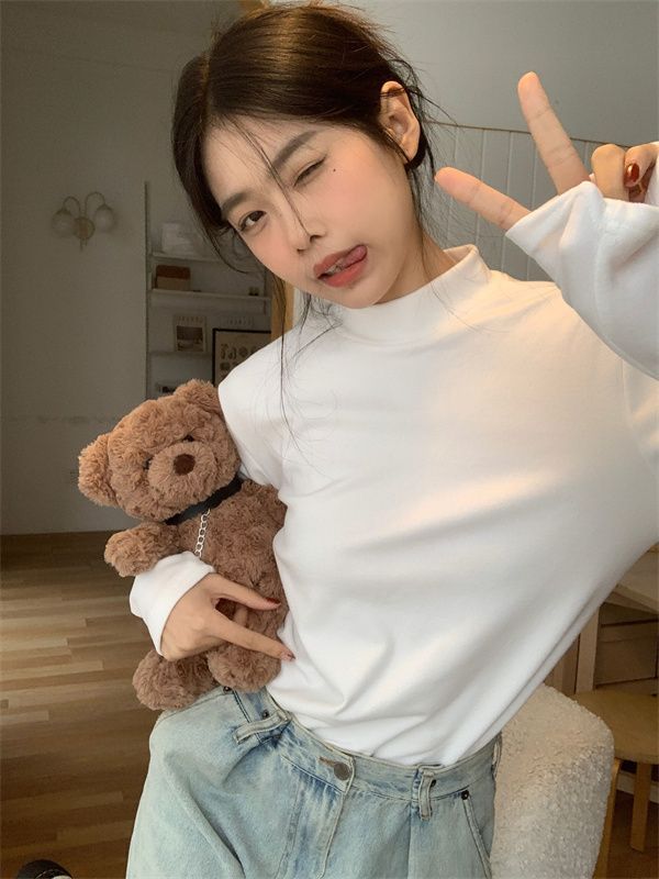 French German velvet half turtleneck bottoming shirt for women with slim fit T-shirt autumn and winter plus velvet thickened long-sleeved top ins