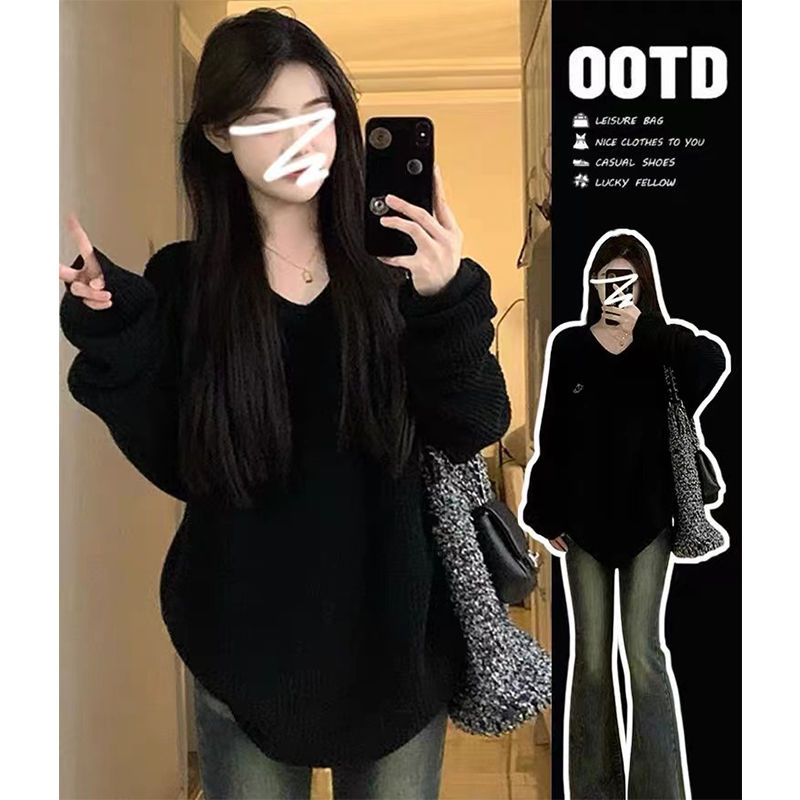 黑色V領軟糯加厚毛衣針織衫女秋冬季新款寬鬆慵懶風套頭外穿上衣