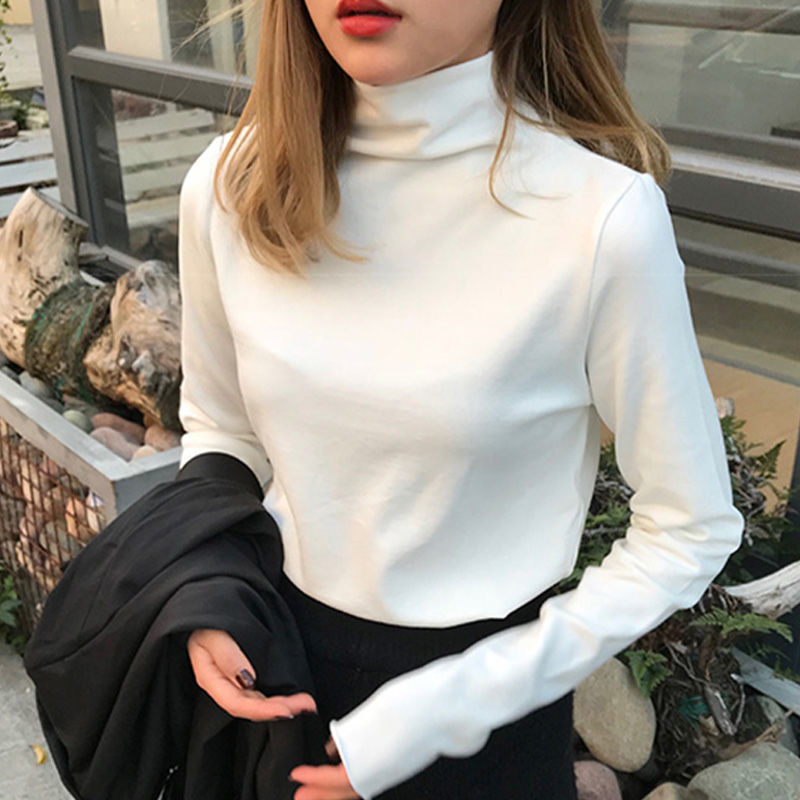德絨打底衫女秋冬半高領百搭韓版修身T恤女長袖顯瘦春裝內搭上衣