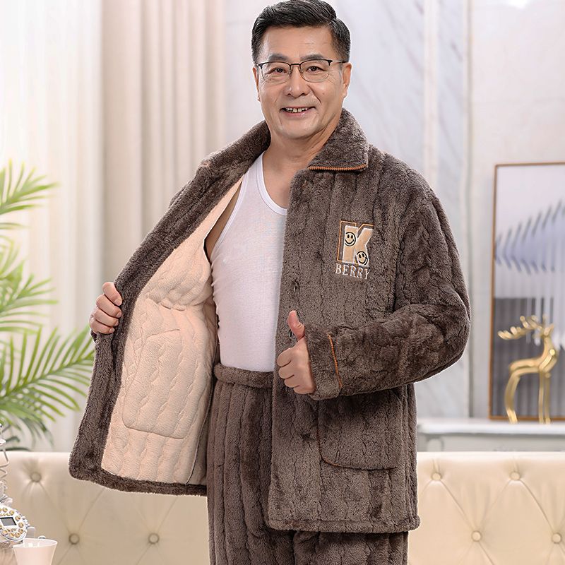 加绒加厚宽松大码宽松中老年保暖家居服套装冬外穿三层夹棉睡衣男