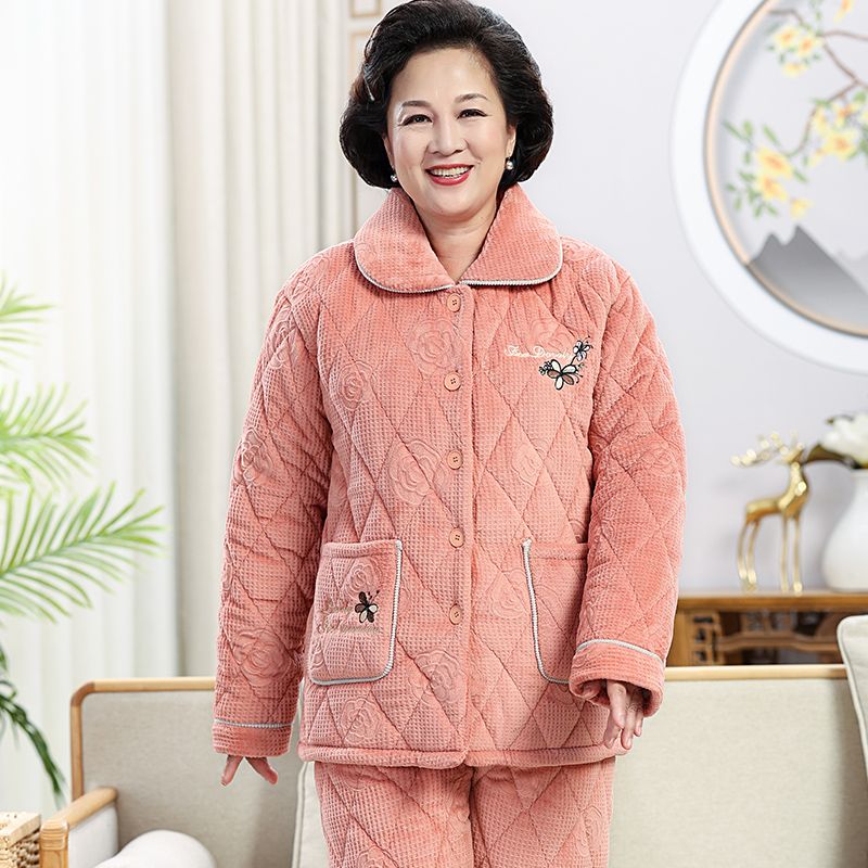 三層夾棉睡衣女加絨加厚寬鬆大碼寬鬆中老年保暖家居服套裝冬外穿