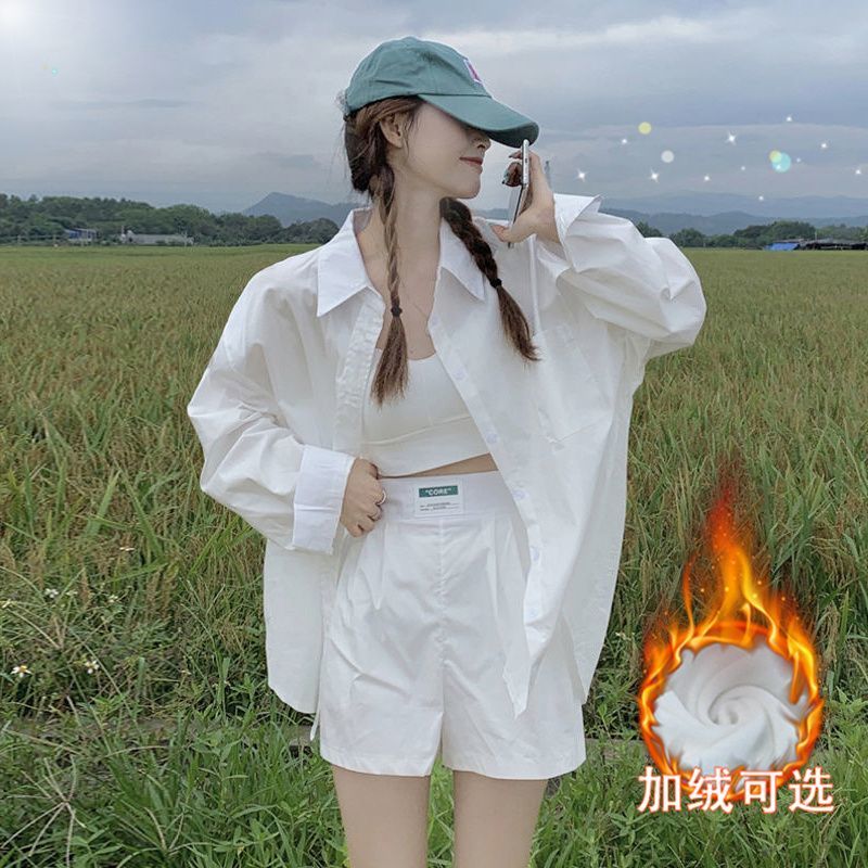 POLO領內搭白襯衫女冬季新款加絨加厚襯衣厚實一體絨長袖上衣外套