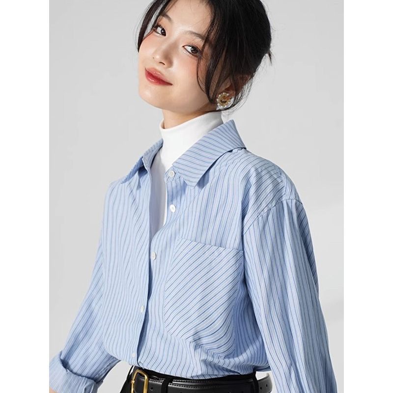 格瑞吉奧簡約條紋襯衫上衣女春秋新款設計感時尚氣質寬鬆長袖襯衣