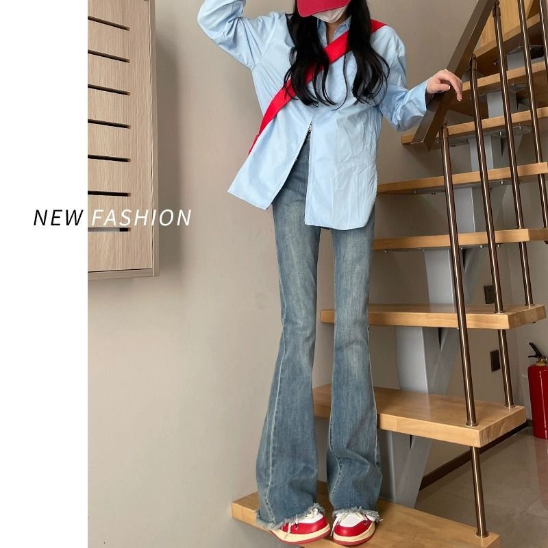 毛邊微喇牛仔褲女小個子2023年新款復古馬蹄褲高腰顯瘦喇叭褲春秋