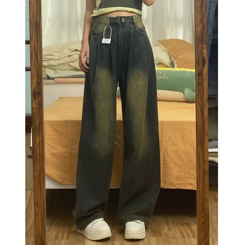 復古做舊智被闊腿牛仔褲女秋季小個子高腰寬鬆垂感直筒拖地長褲潮