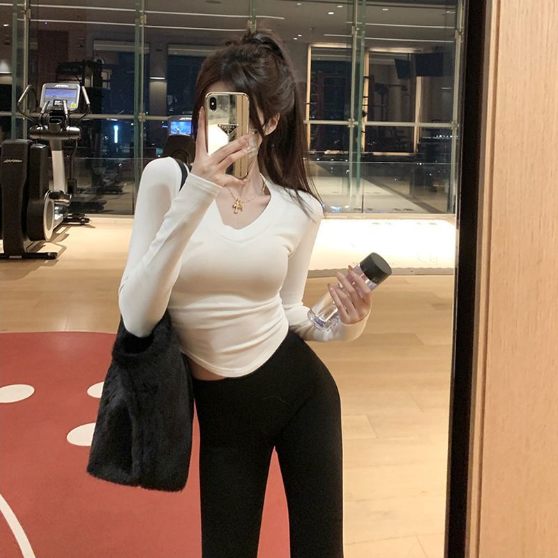 V領純棉打底衫女秋冬內搭高級感不規則小眾修身顯瘦上衣長袖T恤潮