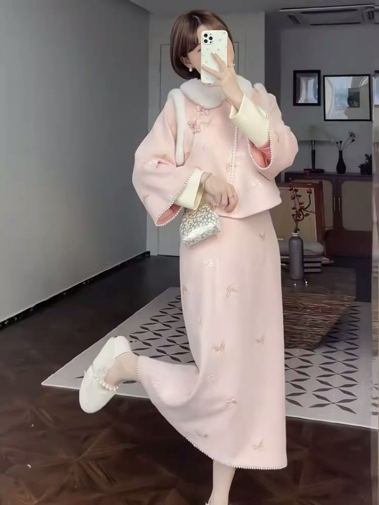 英俊-芷悅新中式國風套裝女秋冬季新款甜美馬甲連衣裙兩件套女