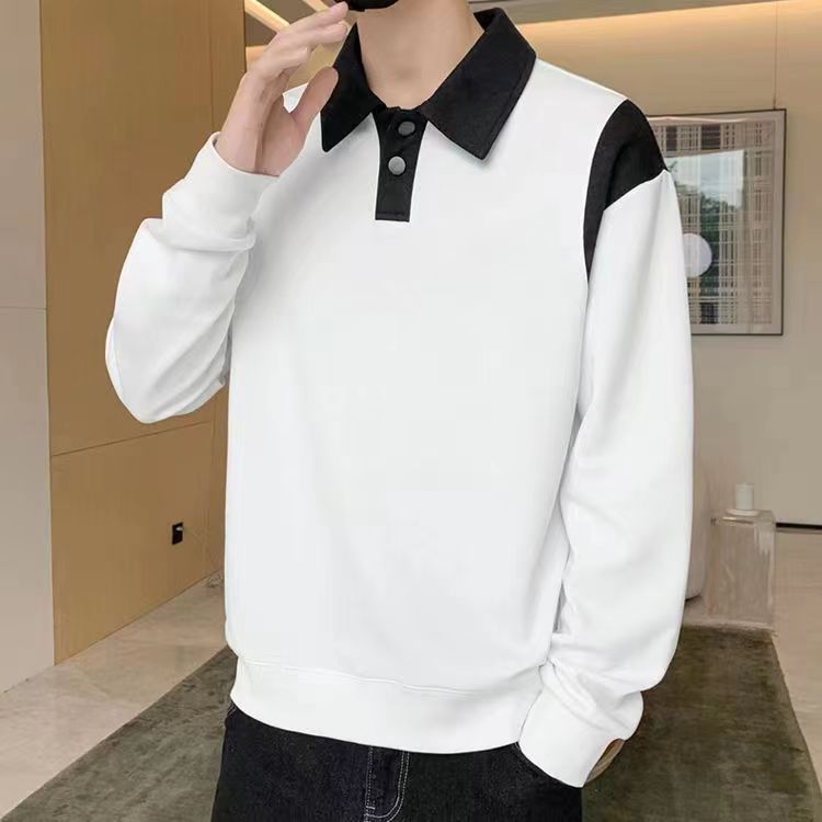 衛衣男士春秋季潮牌寬鬆簡約拼色翻領Polo衫百搭休閒打底衫上衣服