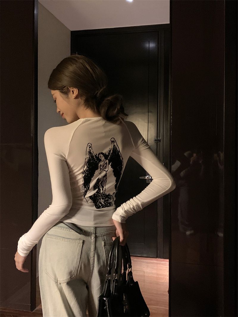 白色天使印花長袖T恤女裝秋季辣妹修身內搭打底衫設計感小眾上衣