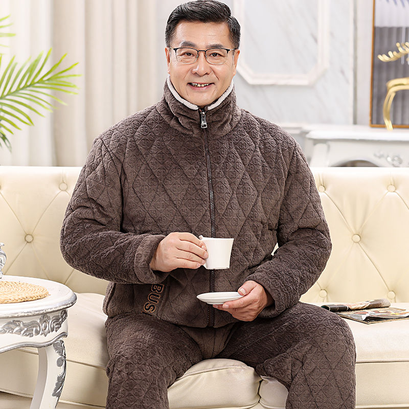 冬外穿三層夾棉睡衣男加絨加厚寬鬆大碼寬鬆中老年保暖家居服套裝