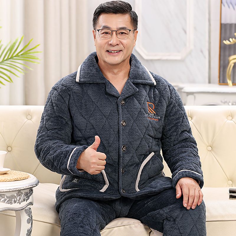 睡衣男加絨加厚寬鬆大碼寬鬆中老年保暖家居服套裝冬外穿三層夾棉