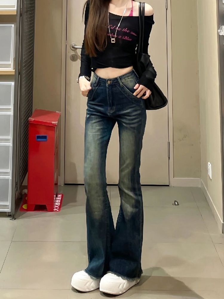 小個子復古毛邊微喇馬蹄牛仔褲女新款高腰修身顯瘦直筒拖地喇叭褲