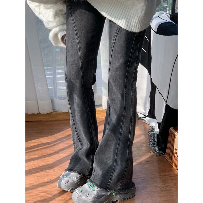 設計感黑灰色毛邊微喇牛仔褲女秋季新款修身顯瘦高腰彈力顯瘦長褲