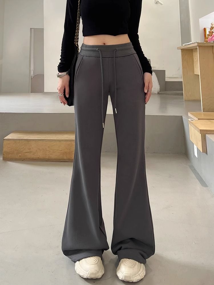 Gray low-waisted bell-bottom pants for women in autumn and winter new style drapey yoga horse-shoe floor mopping pants slim drawstring American boot-cut pants