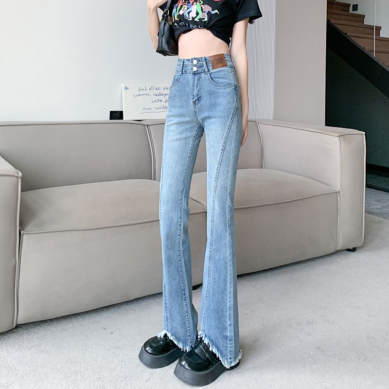 復古毛邊微喇牛仔褲女秋季薄款新款修身彈力小個子高腰顯瘦喇叭褲