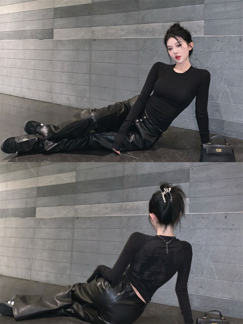 黑色扎染印花長袖T恤女裝秋季辣妹修身內搭打底衫設計感小眾上衣