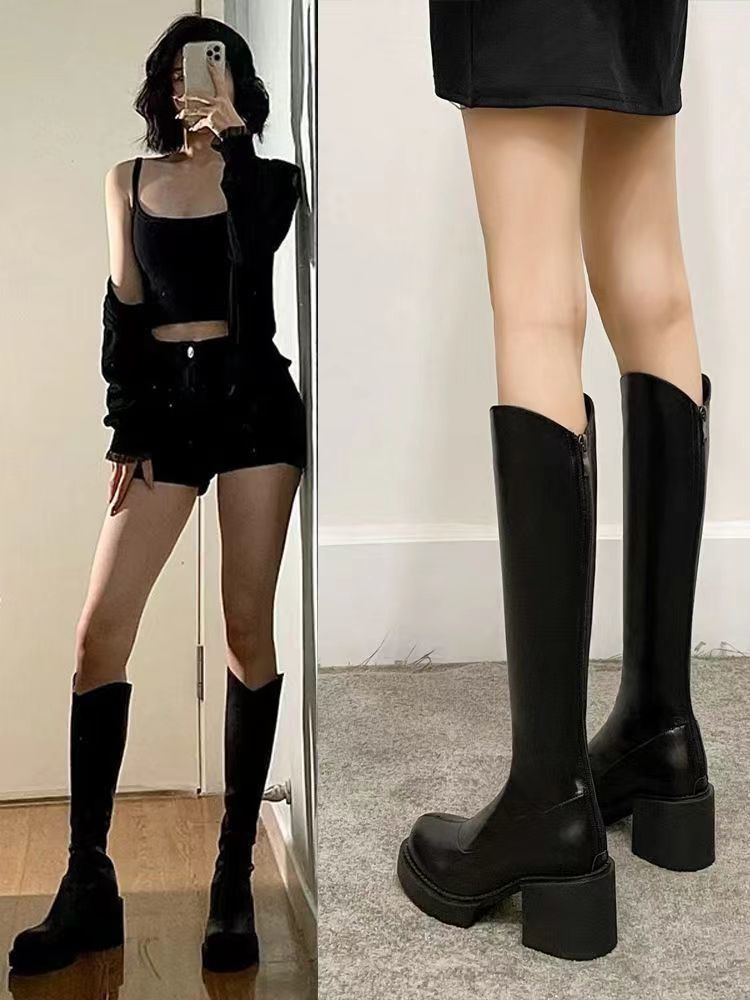 長筒靴子女2023年秋季新款百搭粗跟高筒不過膝時裝靴炸街瘦瘦女靴