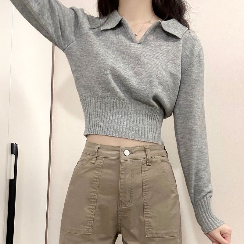 小眾復古甜辣短款Polo領針織衫女秋冬高級感修身顯瘦短款內搭上衣
