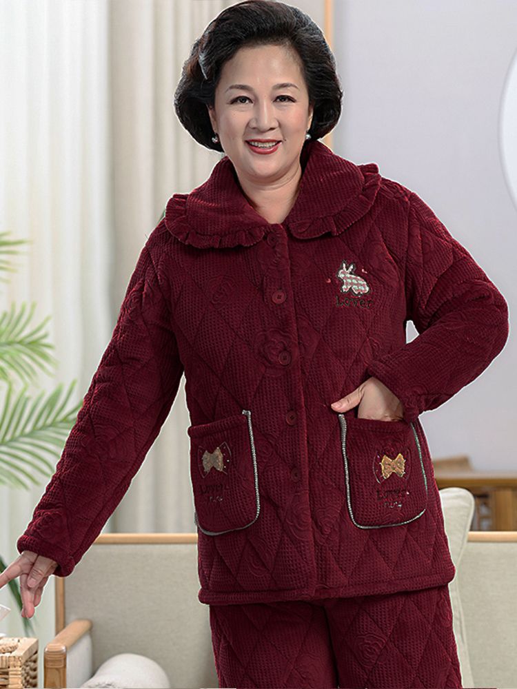 三層夾棉睡衣女加絨加厚寬鬆大碼寬鬆中老年保暖家居服套裝冬外穿