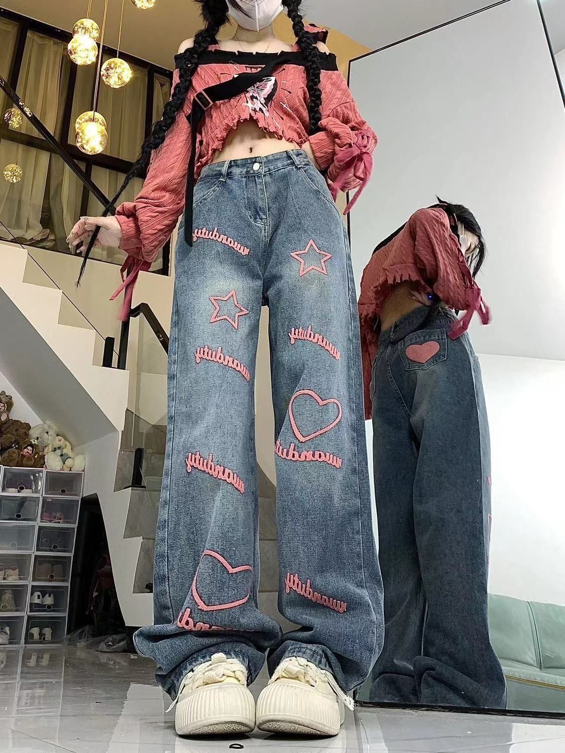 高街直筒設計粉色字母刺繡牛仔長褲秋季高腰寬鬆拖地美式闊腿褲子