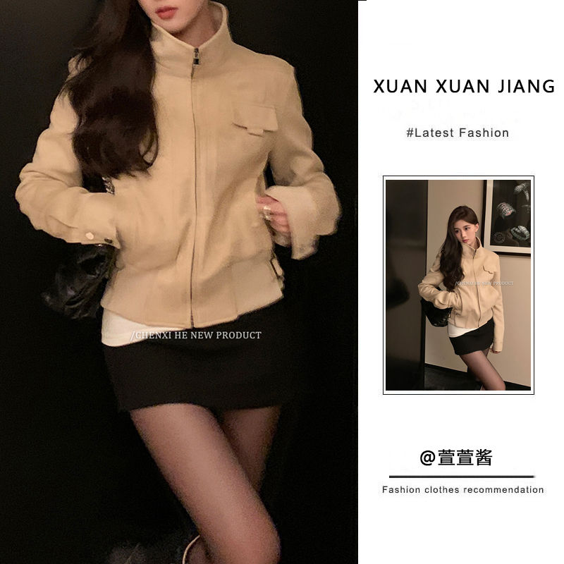 套裝女2023秋冬新款純欲風辣妹麂皮絨夾克外套高腰顯瘦包臀半身裙