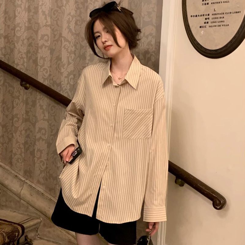 慵懶風條紋襯衫休閒設計感寬鬆韓系疊穿秋季美拉德疊穿長袖上衣女