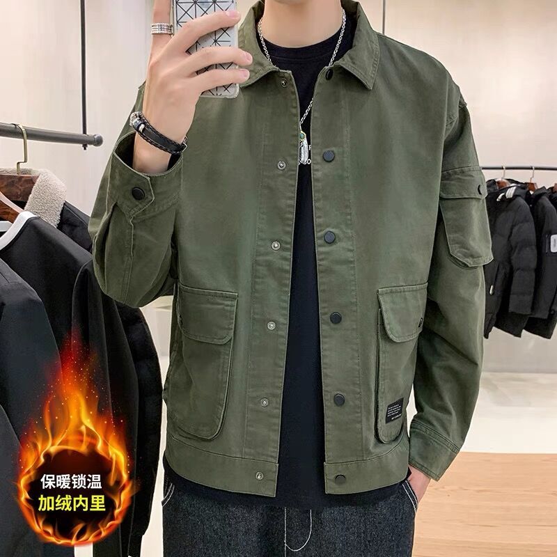 男士休閒衣服春秋外套男加絨韓版潮流工裝夾克男2023新款男裝冬裝