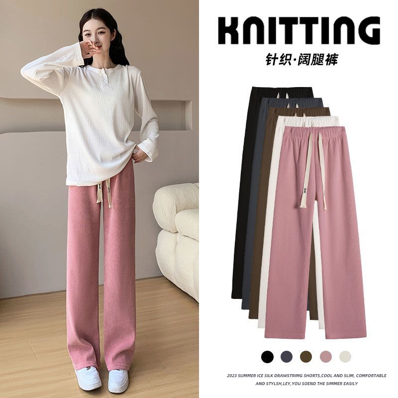 Gray sherpa wide-leg pants for women in autumn and winter, thickened cotton pants, straight casual chenille, winter fleece pants for outer wear