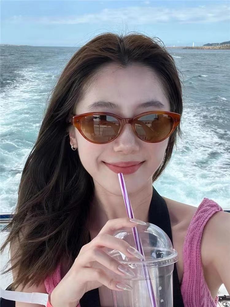 復古貓眼琥珀茶墨鏡韓版時尚海邊度假旅遊街拍太陽眼鏡凹造型圓臉
