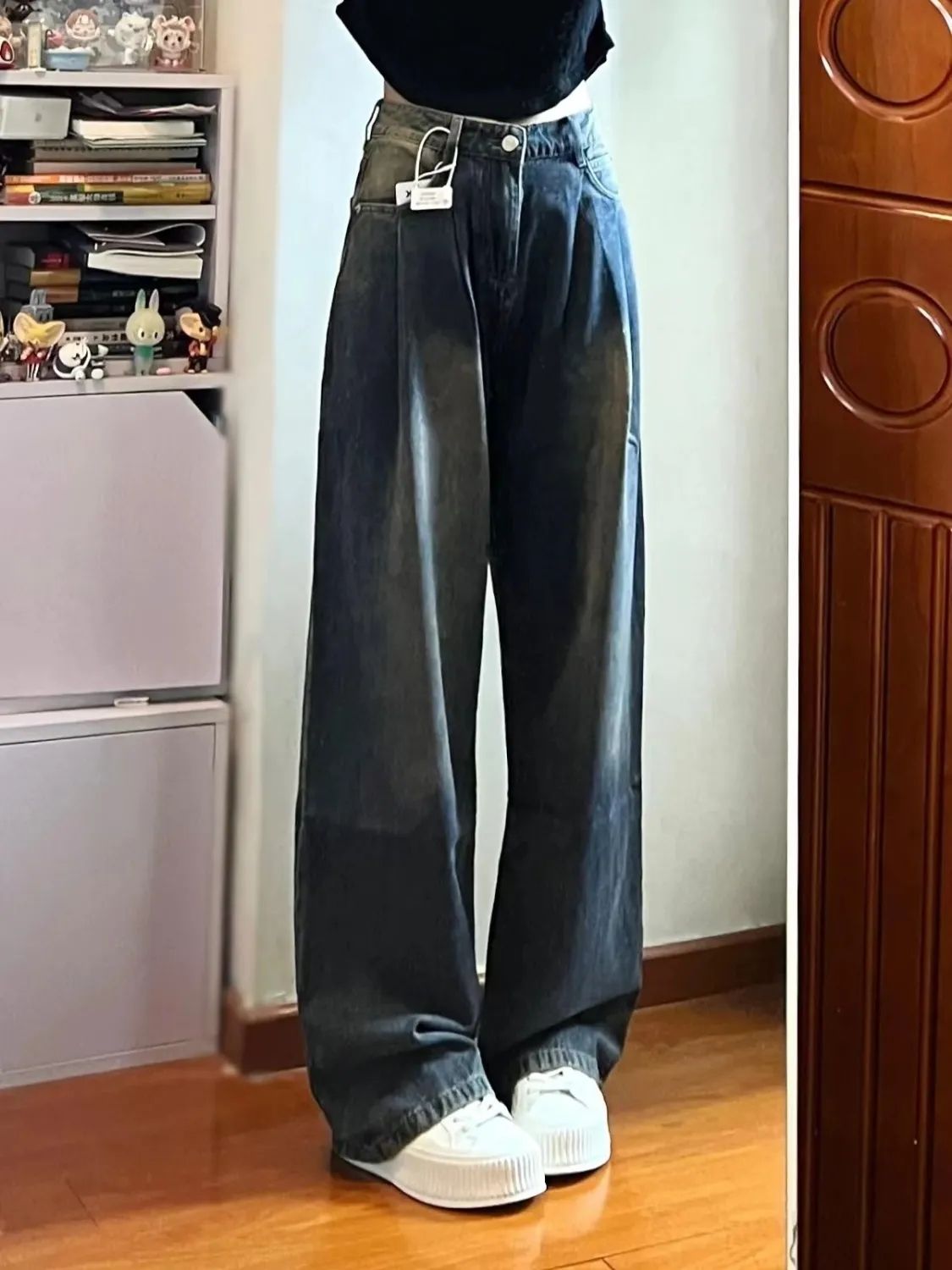 復古水泥灰直筒牛仔褲女2023年秋冬新款高腰寬鬆顯瘦垂感闊腿褲子