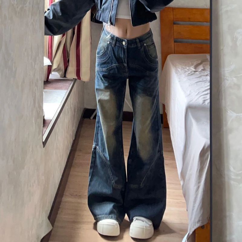 復古水洗做舊微喇牛仔褲女秋冬小個子高腰顯瘦垂感拖地直筒長褲潮