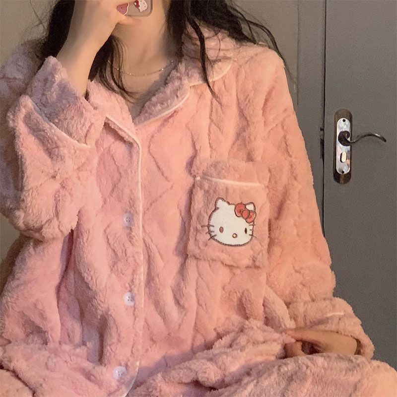 秋冬季珊瑚絨睡衣女冬天加厚保暖毛絨卡通可愛法蘭絨家居服兩件套