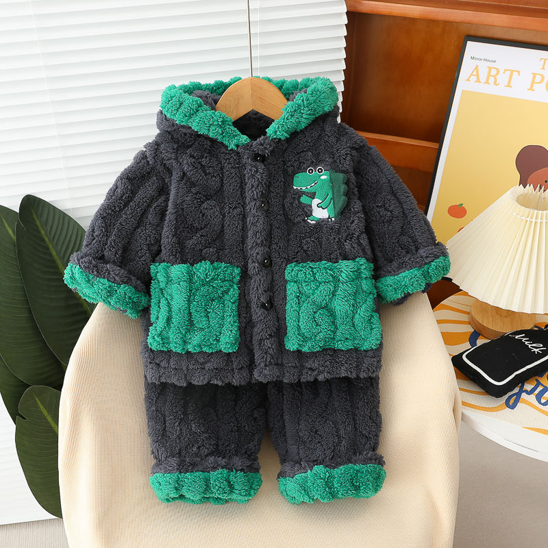 男童睡衣珊瑚絨秋冬季小童寶寶加絨加厚兒童法蘭絨家居服開衫套裝