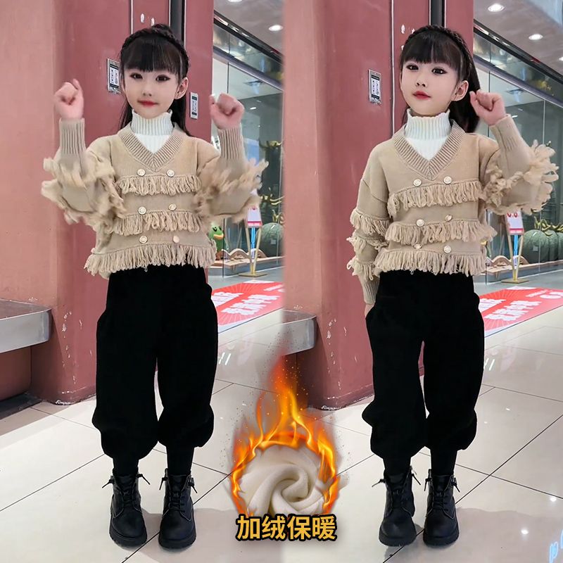 女童秋冬季加絨套裝兒童洋氣網紅加厚毛衣百搭哈倫褲休閒兩件套潮