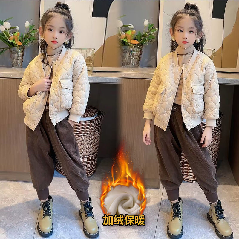 女童秋冬棒球服套裝兒童百搭洋氣哈倫褲加絨加厚外套韓范兩件套潮