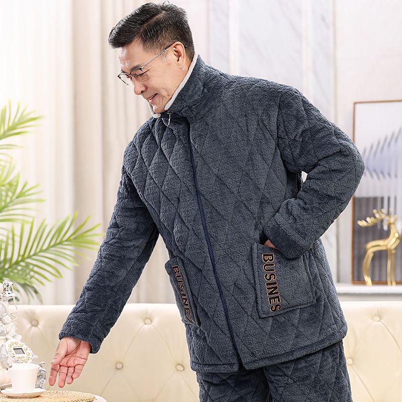 睡衣男加絨加厚寬鬆大碼寬鬆中老年保暖家居服套裝冬外穿三層夾棉