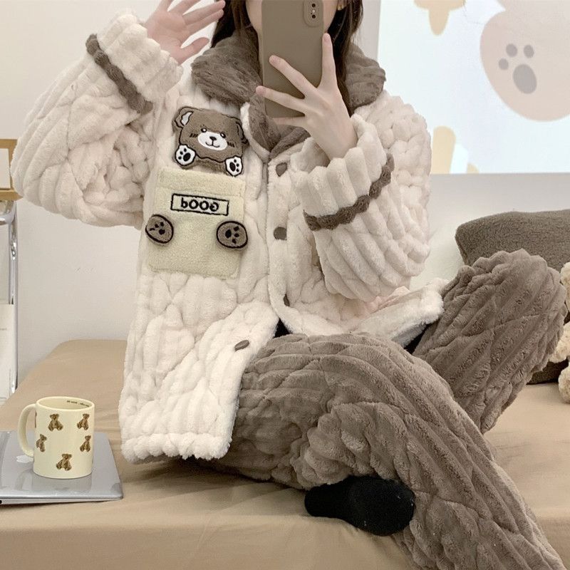 睡衣女冬季三層加厚珊瑚絨夾棉加絨可愛法蘭絨連帽大碼家居服套裝