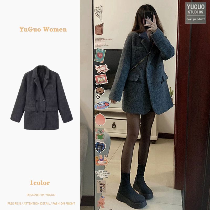小個子呢子大衣女秋冬2023新款韓版寬鬆顯瘦加厚灰色毛呢西裝外套