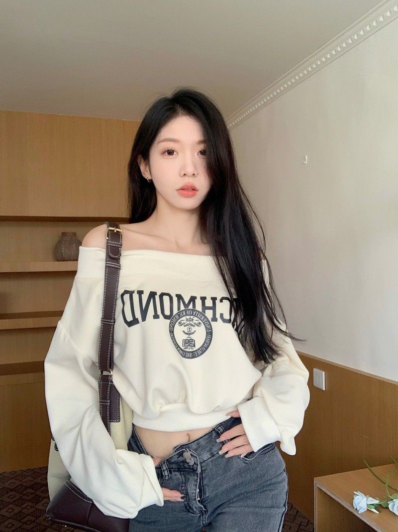美式辣妹一字肩字母印花衛衣女秋冬參考季寬鬆顯瘦百搭長袖上衣