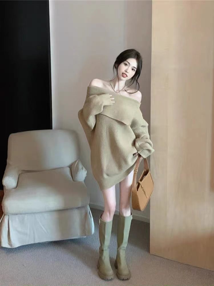 慵懶風一字領針織衫上衣女秋冬純欲性感翻領露肩顯瘦中長款毛衣裙