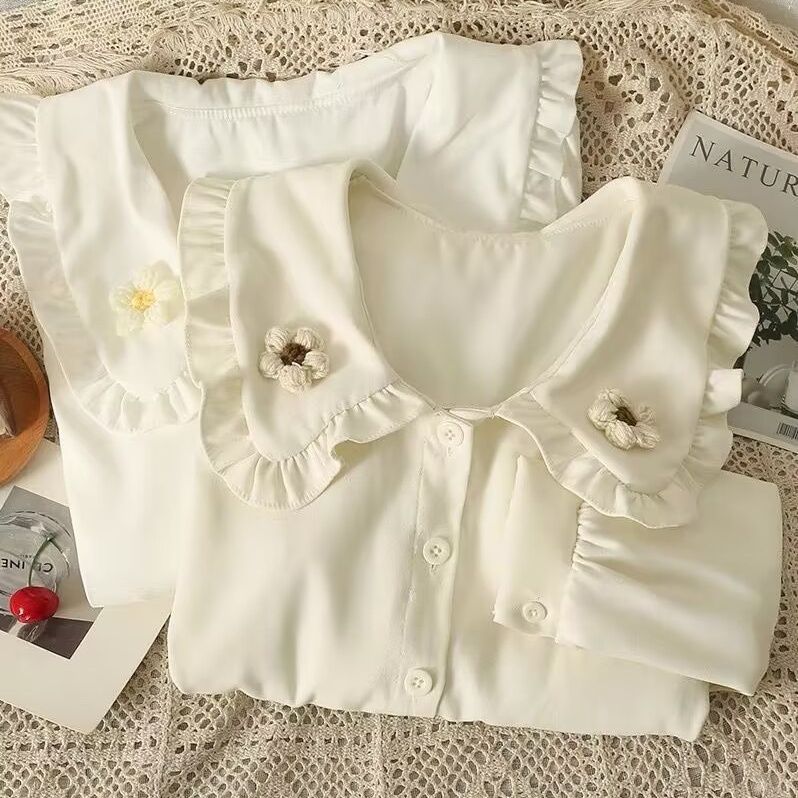 韩版甜美花朵娃娃领白色衬衫女秋季新款洋气减龄衬衣长袖上衣