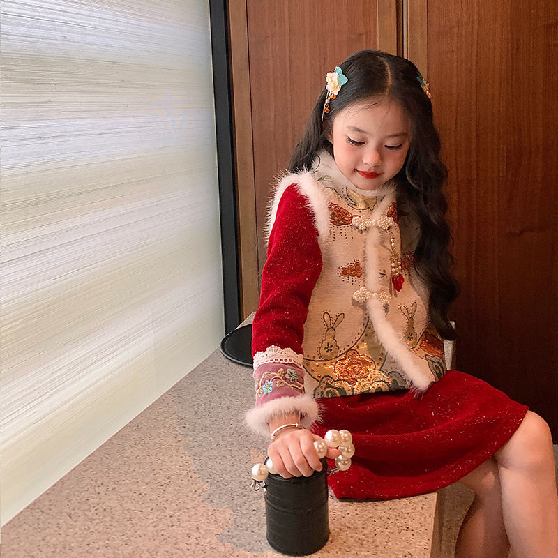 原創女童平安鎖中國風連衣裙兒童冬紅色新年衣服拜年服加絨旗袍裙