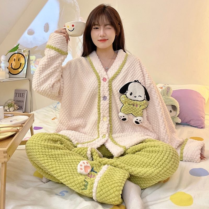 秋冬款高顏值睡衣女日系珊瑚絨甜美可愛加絨加厚小香風家居服套裝