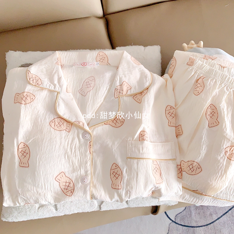 ins日系卡通小魚睡衣女春秋新款長袖長褲學生可愛家居服套裝外穿