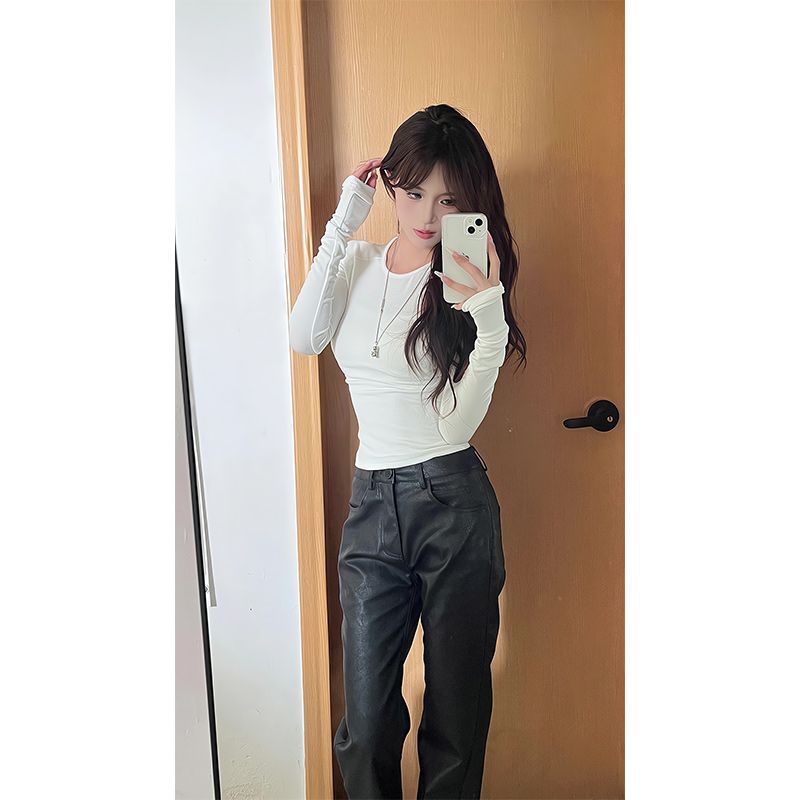 白色美式休閒印花圓領T恤女秋冬修身顯瘦打底衫百搭長袖內搭上衣