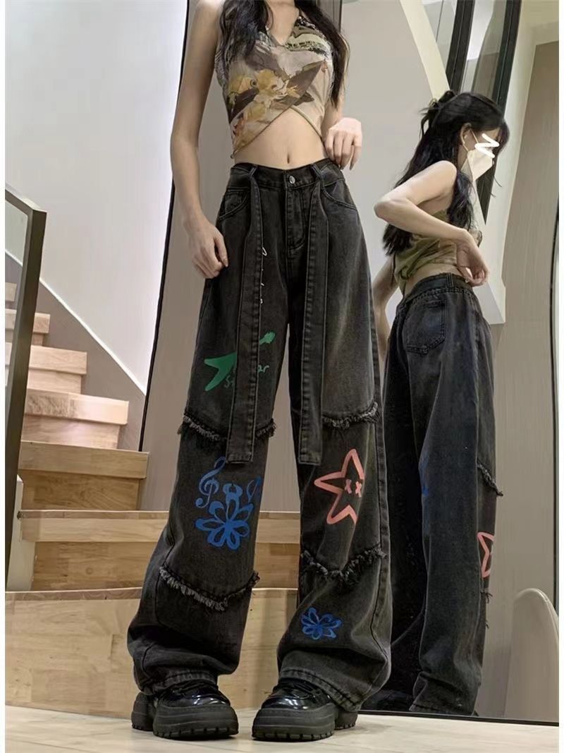 美式街頭復古趣味星星塗鴉牛仔褲秋季高腰寬鬆毛邊設計感直筒長褲