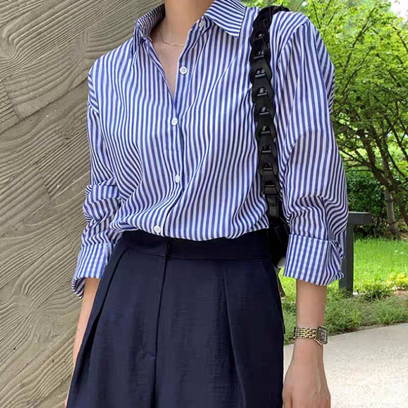 格瑞吉奧秋冬加絨藍色條紋襯衫女長袖設計感小眾百搭外穿上衣外套